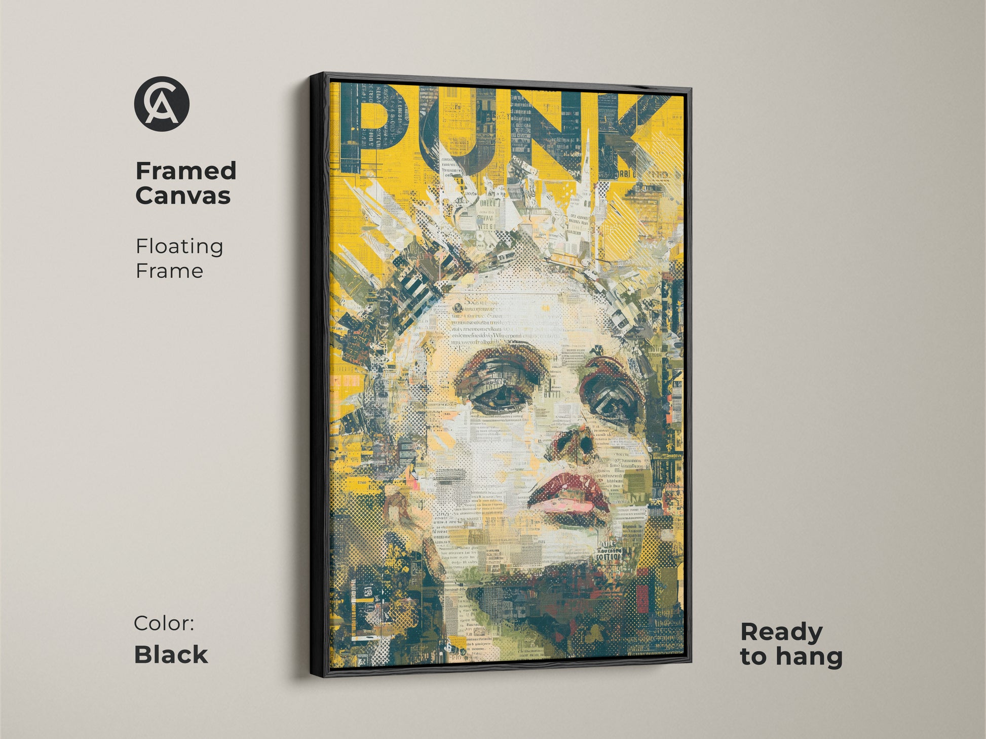 This framed artwork features a woman with a crown. The art style has a Punk aesthetic. The artwork includes the word PUNK in bold yellow text. The frame color is black. This canvas is ready to hang.