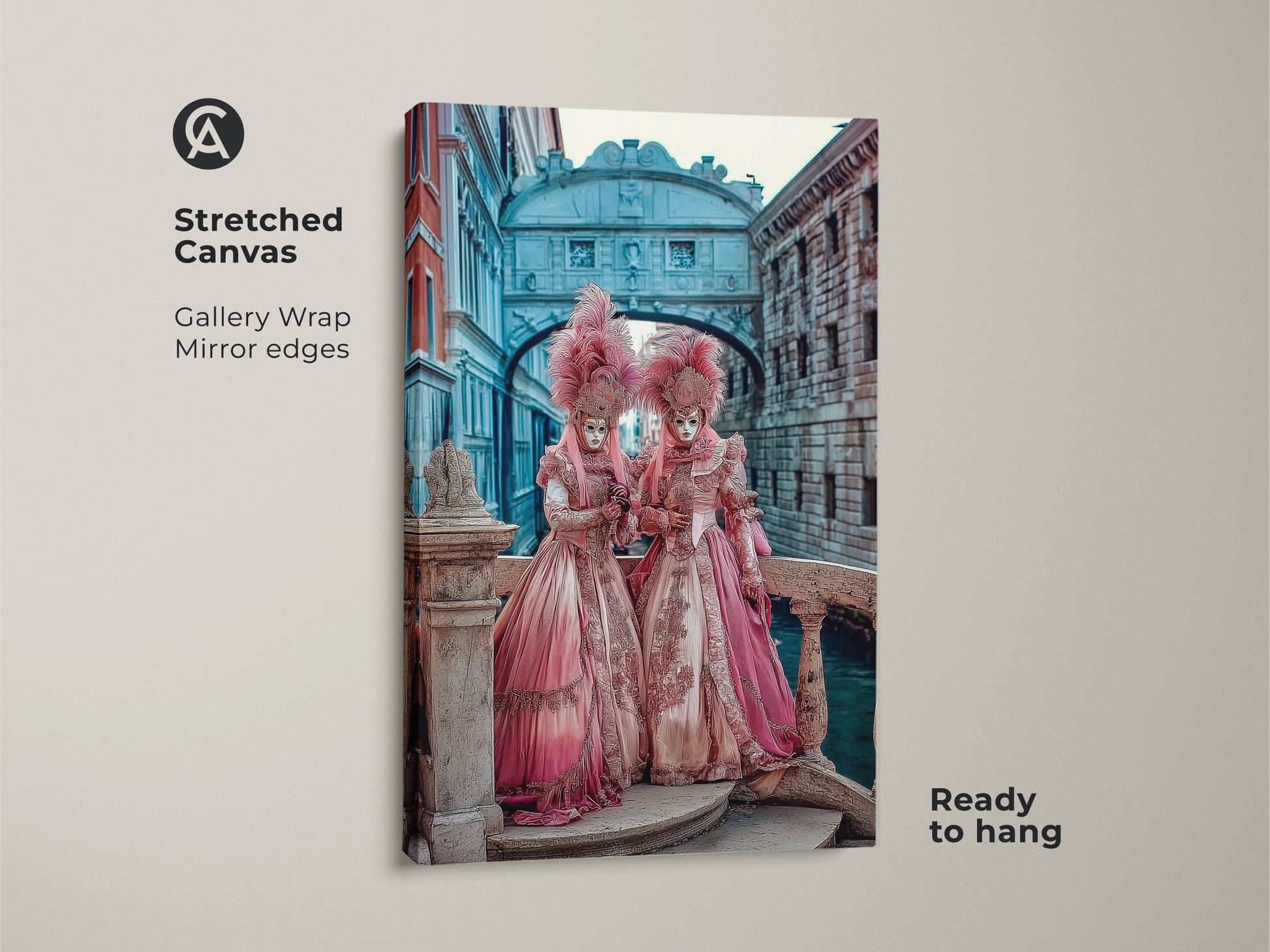 Venetian Carnival Canvas Print. Regal pink gold teal baroque style artwork. This stretched canvas has mirror edges and is ready to hang. The masquerade mask wall art makes a unique home accent.