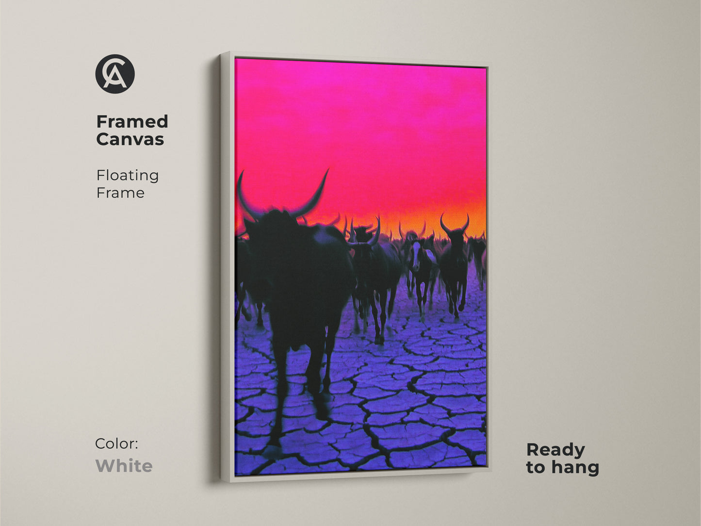 Framed canvas featuring a surreal cattle herd. This artwork has a white floating frame. The magenta sky and purple ground create a unique piece. Ready to hang. It enhances eclectic decor.