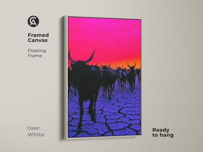Framed canvas featuring a surreal cattle herd. This artwork has a white floating frame. The magenta sky and purple ground create a unique piece. Ready to hang. It enhances eclectic decor.