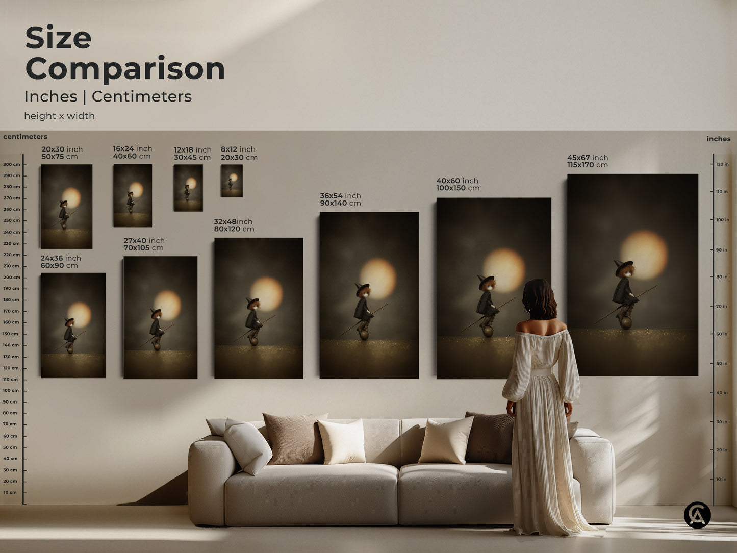 Size comparison of gothic witch doll art prints. See the artwork in various sizes to fit your space. Perfect for a spooky doll wall hanging. It's great for moody gothic home decor and as a unique witch art print. Visualize the impact on your wall.