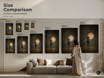 Size comparison of gothic witch doll art prints. See the artwork in various sizes to fit your space. Perfect for a spooky doll wall hanging. It's great for moody gothic home decor and as a unique witch art print. Visualize the impact on your wall.