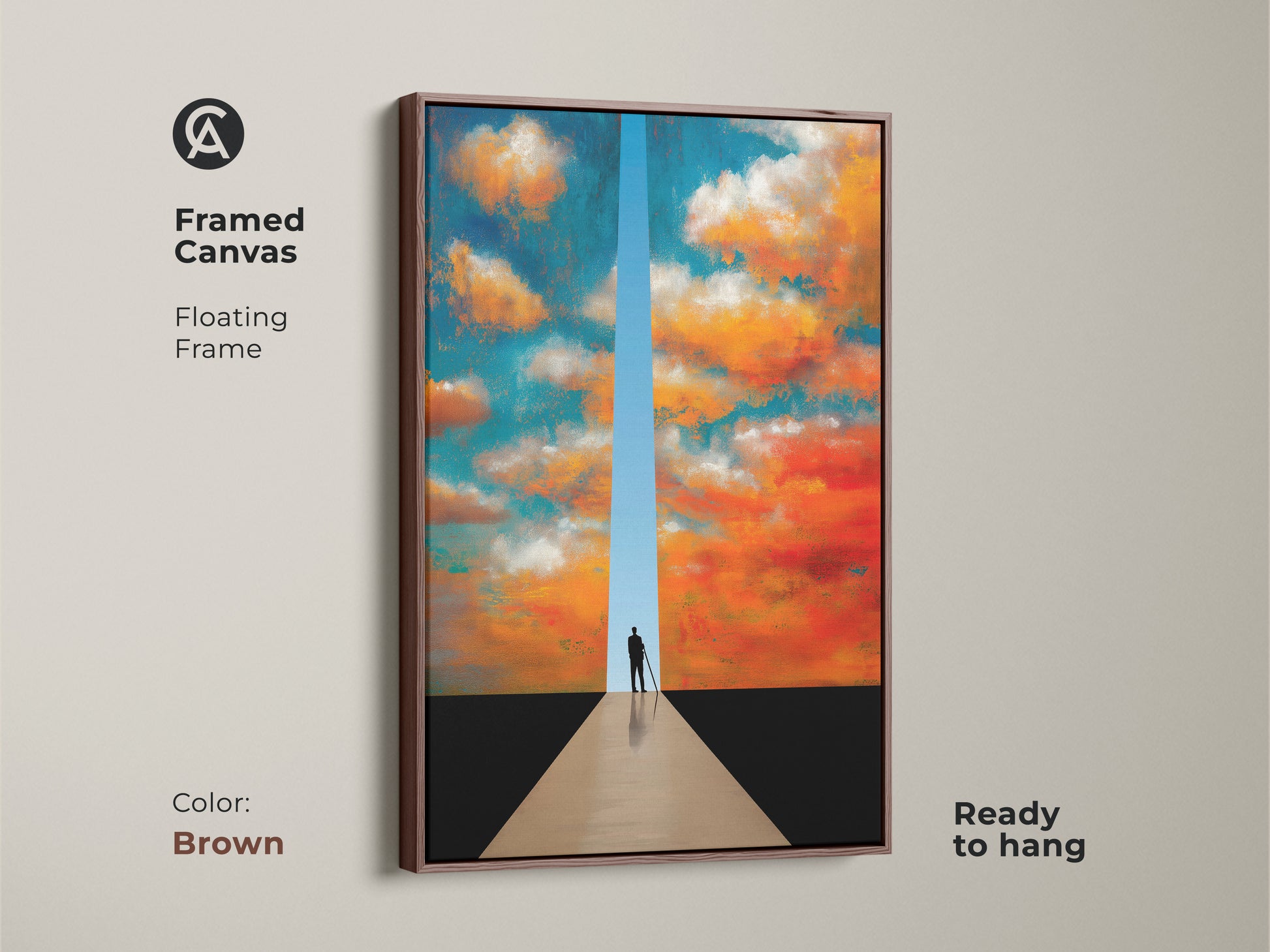 Framed canvas art with a floating brown frame. Surreal abstract art shows a silhouette. Ideal for bedroom decor. The blue orange sky print adds a touch of contemporary art.