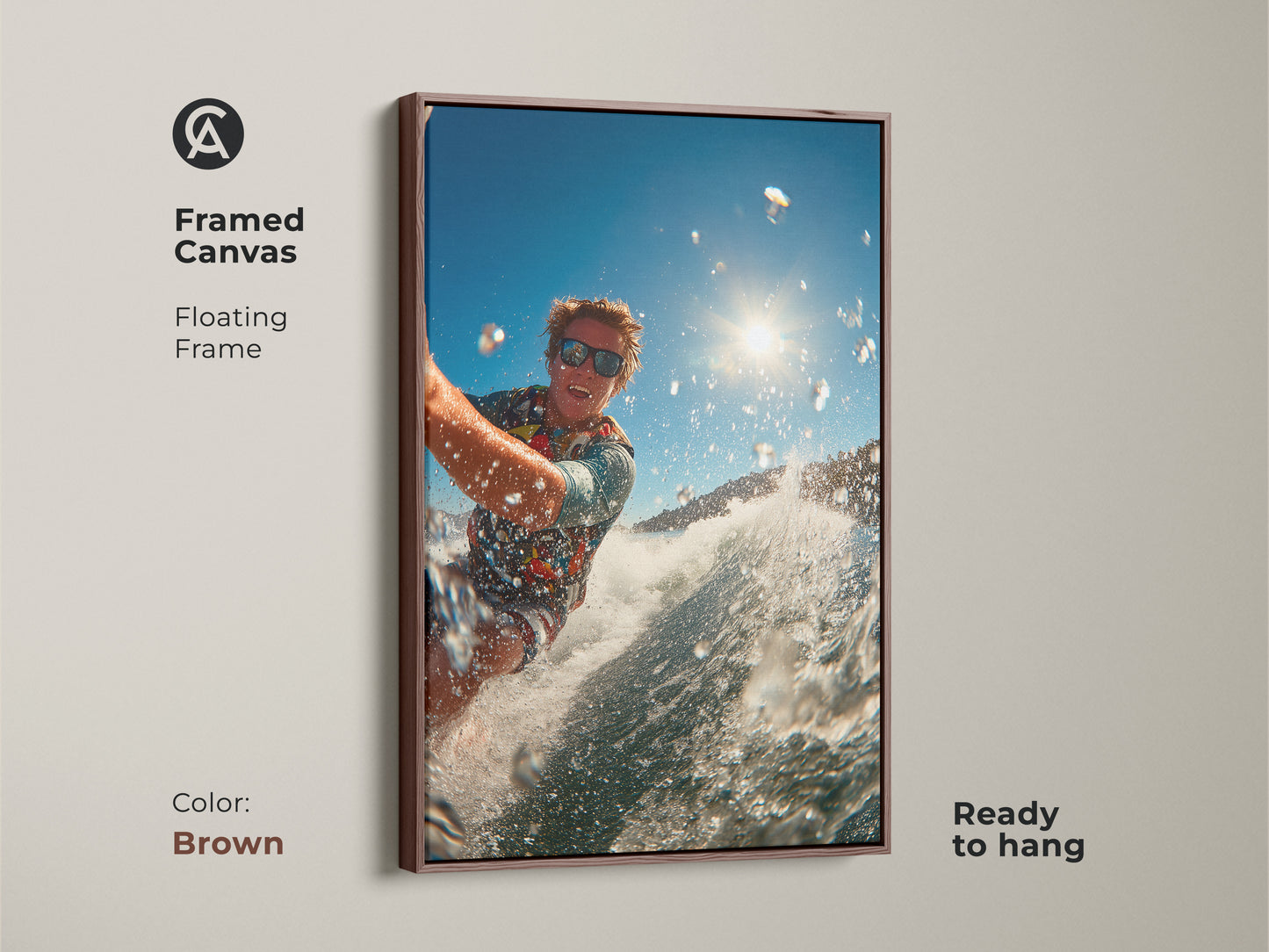 This framed canvas art presents a surfer riding a wave. A brown floating frame enhances the artwork's warmth. Ready to hang this piece brings a cozy feel. It's perfect for adding a touch of nature and action to your decor.