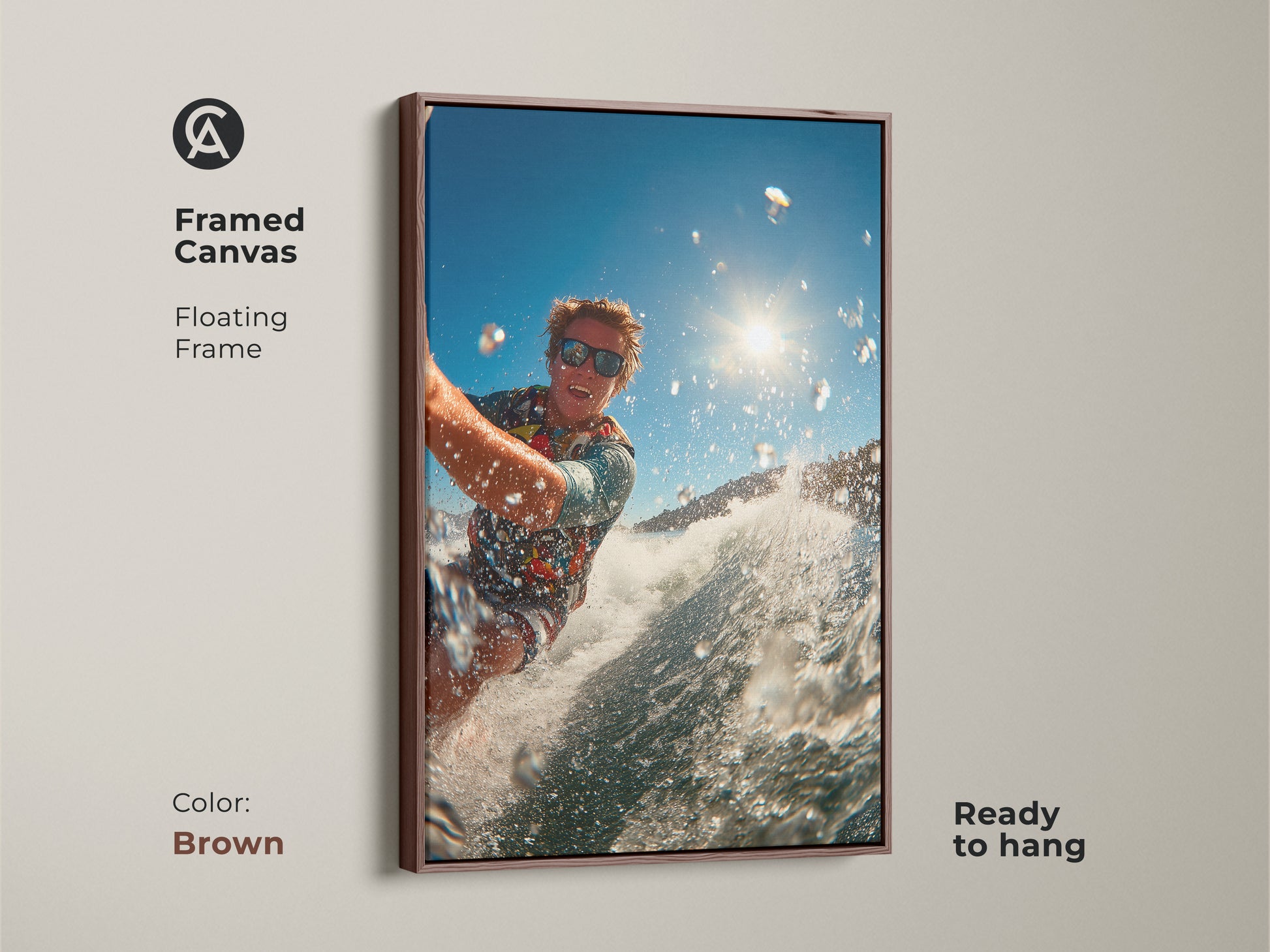 This framed canvas art presents a surfer riding a wave. A brown floating frame enhances the artwork's warmth. Ready to hang this piece brings a cozy feel. It's perfect for adding a touch of nature and action to your decor.