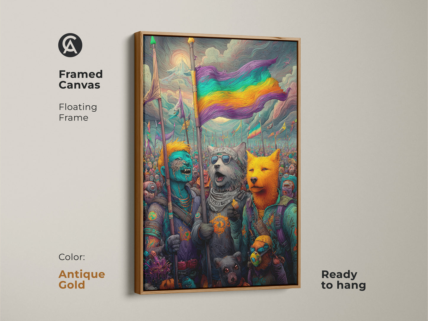 A framed canvas with a floating frame presents a fantasy artwork. The artwork features animal-like figures holding a rainbow flag. The antique gold frame adds a touch of sophistication. This ready-to-hang piece brings a vibrant symbol of diversity to your walls.