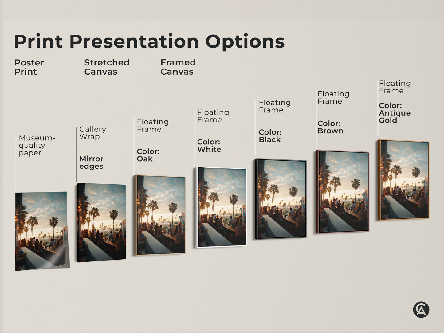 Explore print presentation options for our sunset bar scene artwork. Choose from poster prints stretched canvas or framed canvas. Customize your art with floating frames in colors like black brown or antique gold to perfectly match your style.