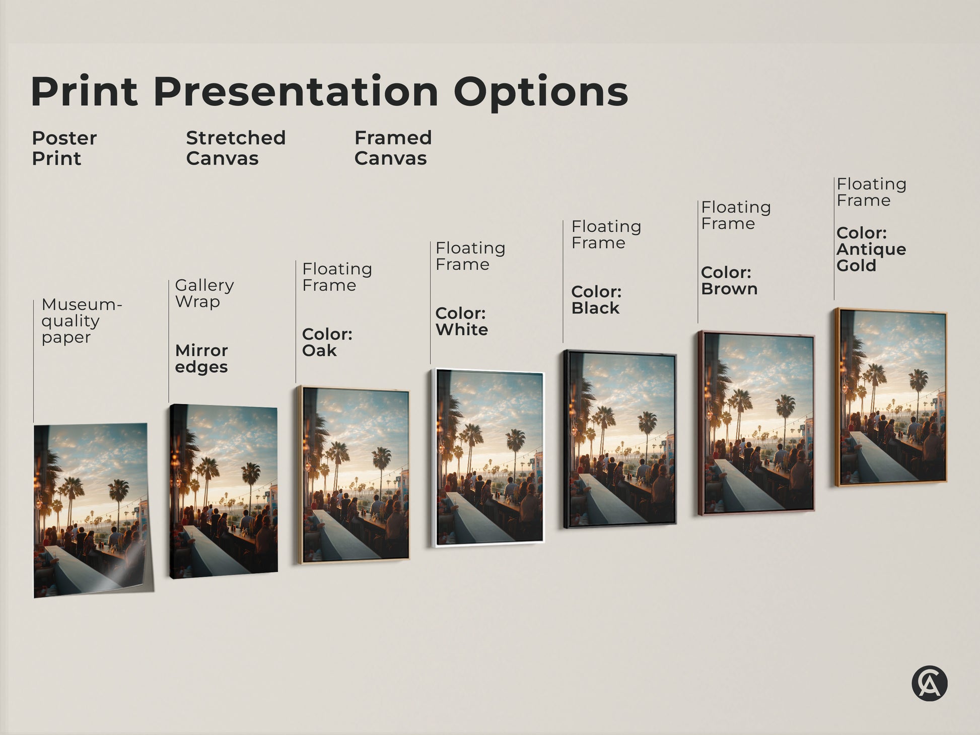 Explore print presentation options for our sunset bar scene artwork. Choose from poster prints stretched canvas or framed canvas. Customize your art with floating frames in colors like black brown or antique gold to perfectly match your style.