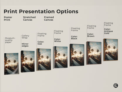 Explore print presentation options for our sunset bar scene artwork. Choose from poster prints stretched canvas or framed canvas. Customize your art with floating frames in colors like black brown or antique gold to perfectly match your style.