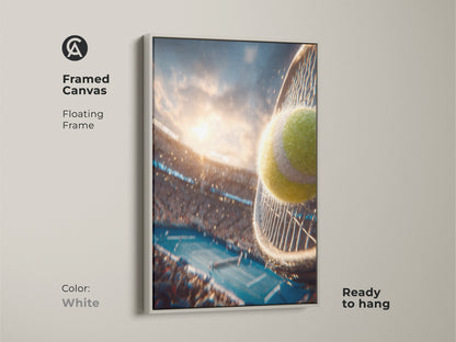 Framed canvas artwork with a floating frame. The white frame enhances the artwork. The artwork is ready to hang. This artwork showcases a tennis ball hitting a racket during a match. The crowd is blurred.