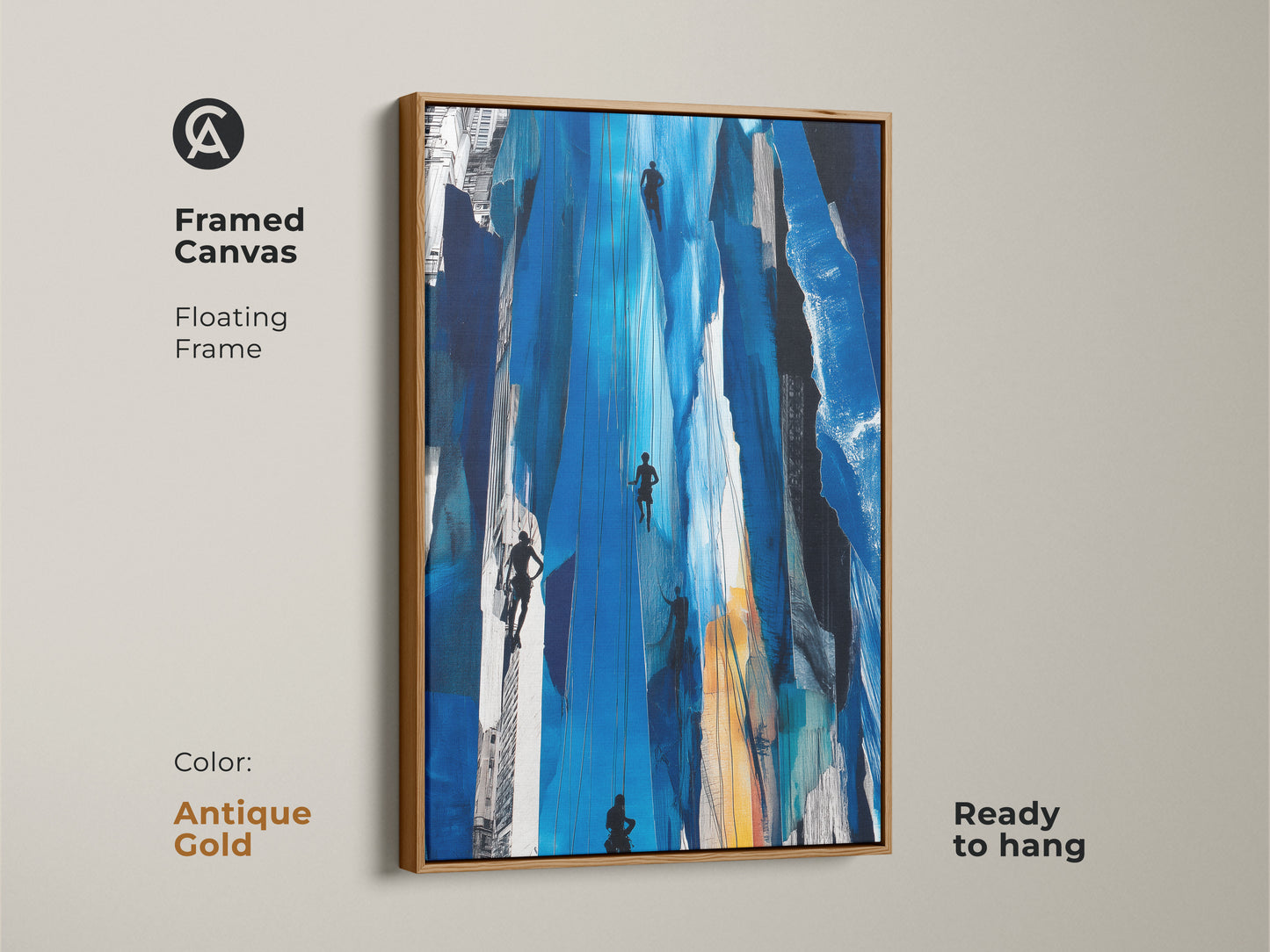 Framed canvas featuring 'Urban Climber Blue Print' abstract artwork. Antique gold floating frame adds a touch of elegance to the piece. The blue and black artwork offers contemporary home decor. This adrenaline wall art is ready to hang. Make a statement with this striking print.