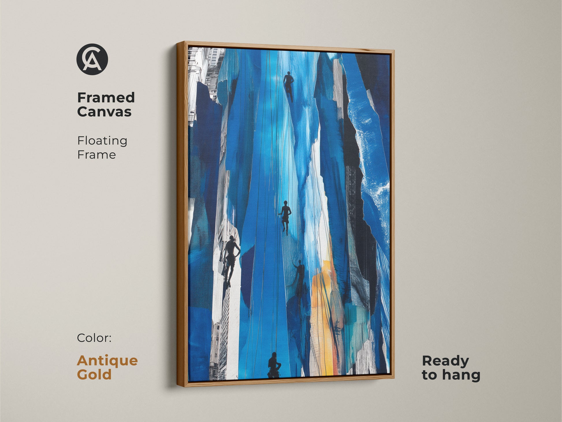 Framed canvas featuring 'Urban Climber Blue Print' abstract artwork. Antique gold floating frame adds a touch of elegance to the piece. The blue and black artwork offers contemporary home decor. This adrenaline wall art is ready to hang. Make a statement with this striking print.