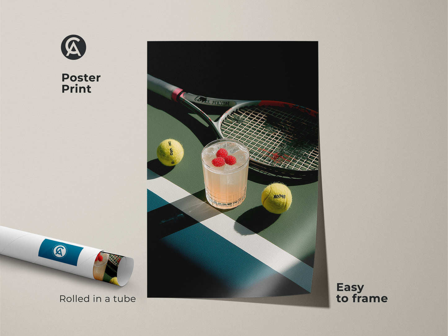 Poster print of a tennis court artwork. The print features a cocktail tennis balls and a racket. Rolled in a tube for easy framing. This museum-quality paper print is a great addition to your art collection.
