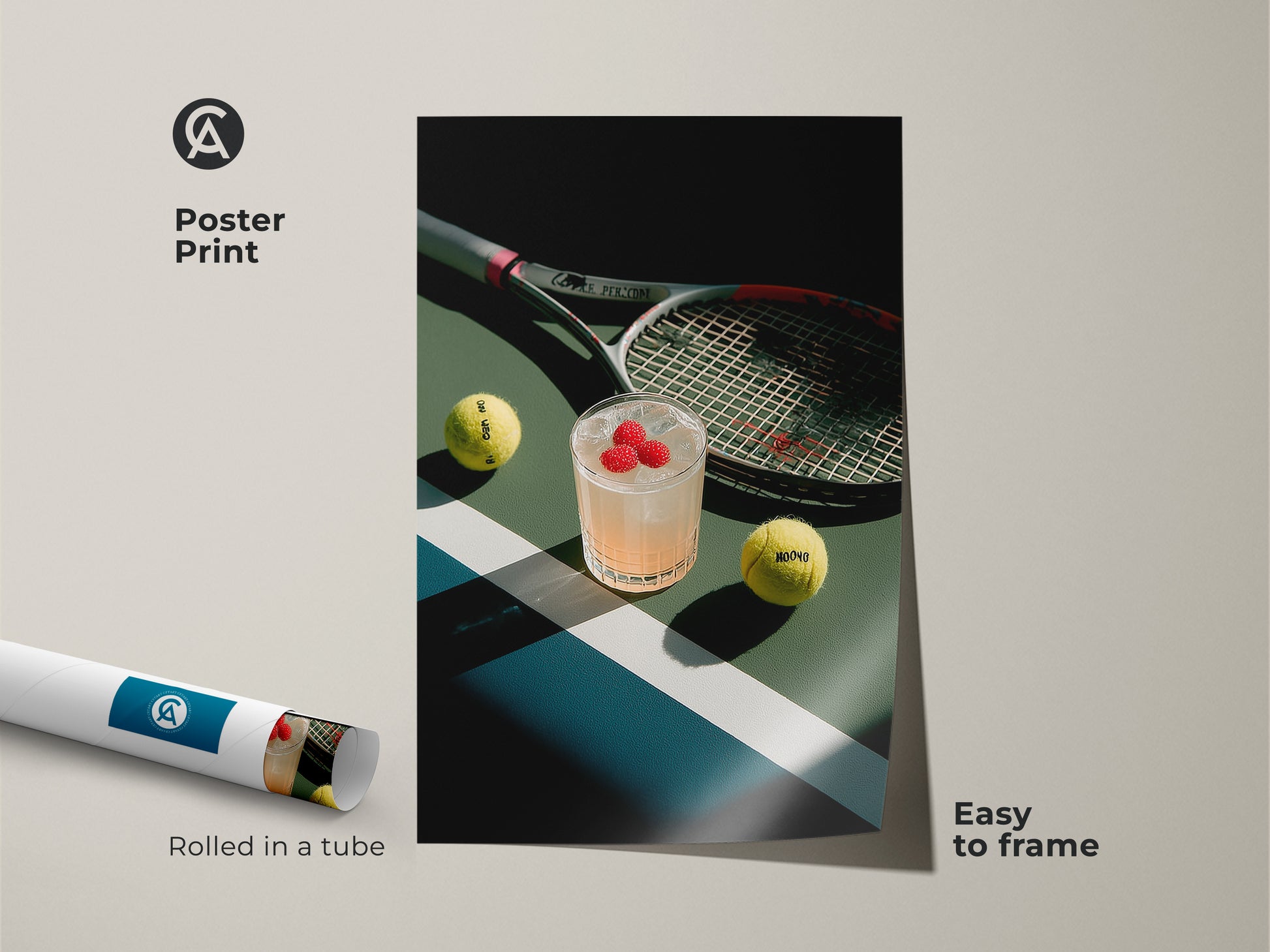 Poster print of a tennis court artwork. The print features a cocktail tennis balls and a racket. Rolled in a tube for easy framing. This museum-quality paper print is a great addition to your art collection.