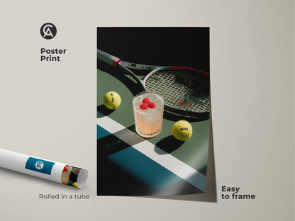 Poster print of a tennis court artwork. The print features a cocktail tennis balls and a racket. Rolled in a tube for easy framing. This museum-quality paper print is a great addition to your art collection.