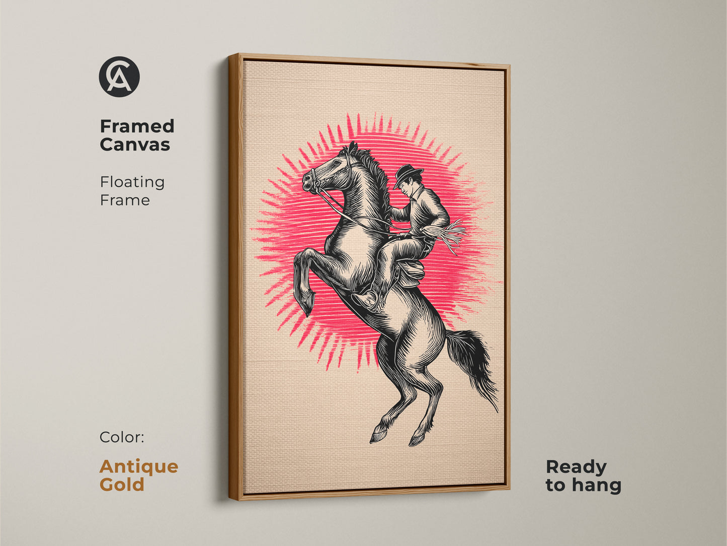 Framed canvas features antique gold color. This ready to hang artwork shows a cowboy riding a rearing horse. The artwork is a vintage cowboy poster and rustic black beige artwork. It is great Americana wall decor.