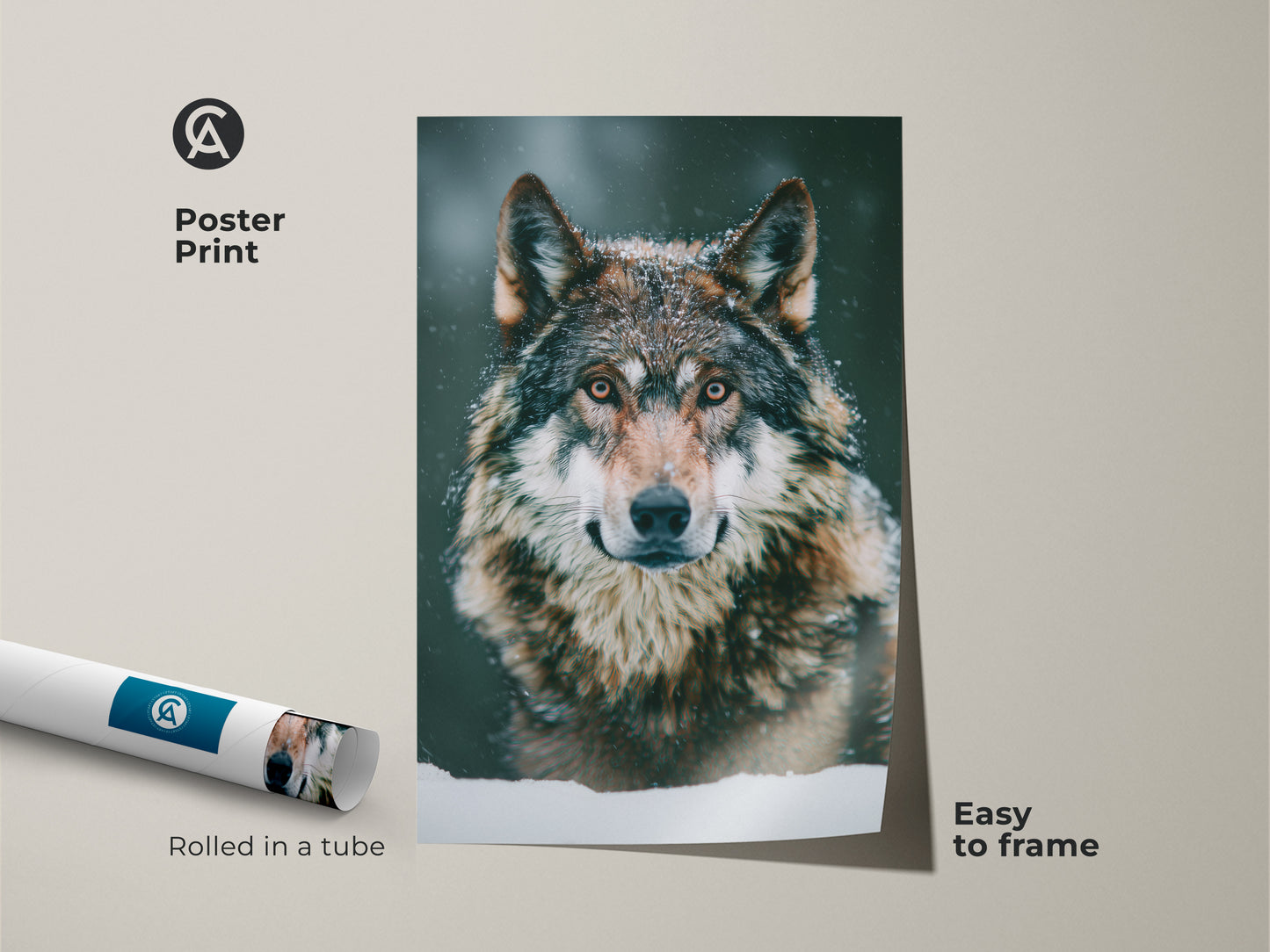 A poster print featuring a photorealistic wolf. This snowy forest wolf print is easy to frame. It's rolled in a tube for protection. Perfect for wildlife animal art enthusiasts. Add winter nature decor to any room. It's a unique wolf gift idea.