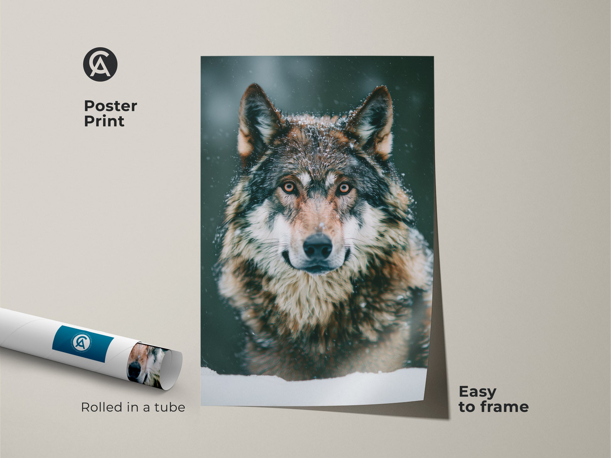 A poster print featuring a photorealistic wolf. This snowy forest wolf print is easy to frame. It's rolled in a tube for protection. Perfect for wildlife animal art enthusiasts. Add winter nature decor to any room. It's a unique wolf gift idea.
