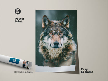 A poster print featuring a photorealistic wolf. This snowy forest wolf print is easy to frame. It's rolled in a tube for protection. Perfect for wildlife animal art enthusiasts. Add winter nature decor to any room. It's a unique wolf gift idea.