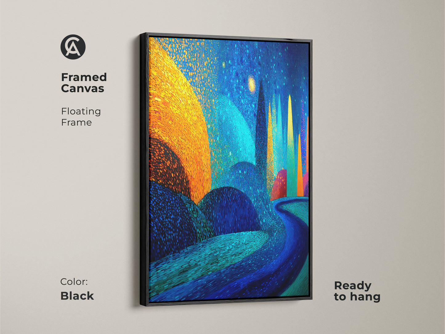 Black framed canvas featuring vibrant abstract landscape. A floating frame enhances the gold and blue wall decor. This nature path wall hanging is ready to hang and adds a unique art for home office.