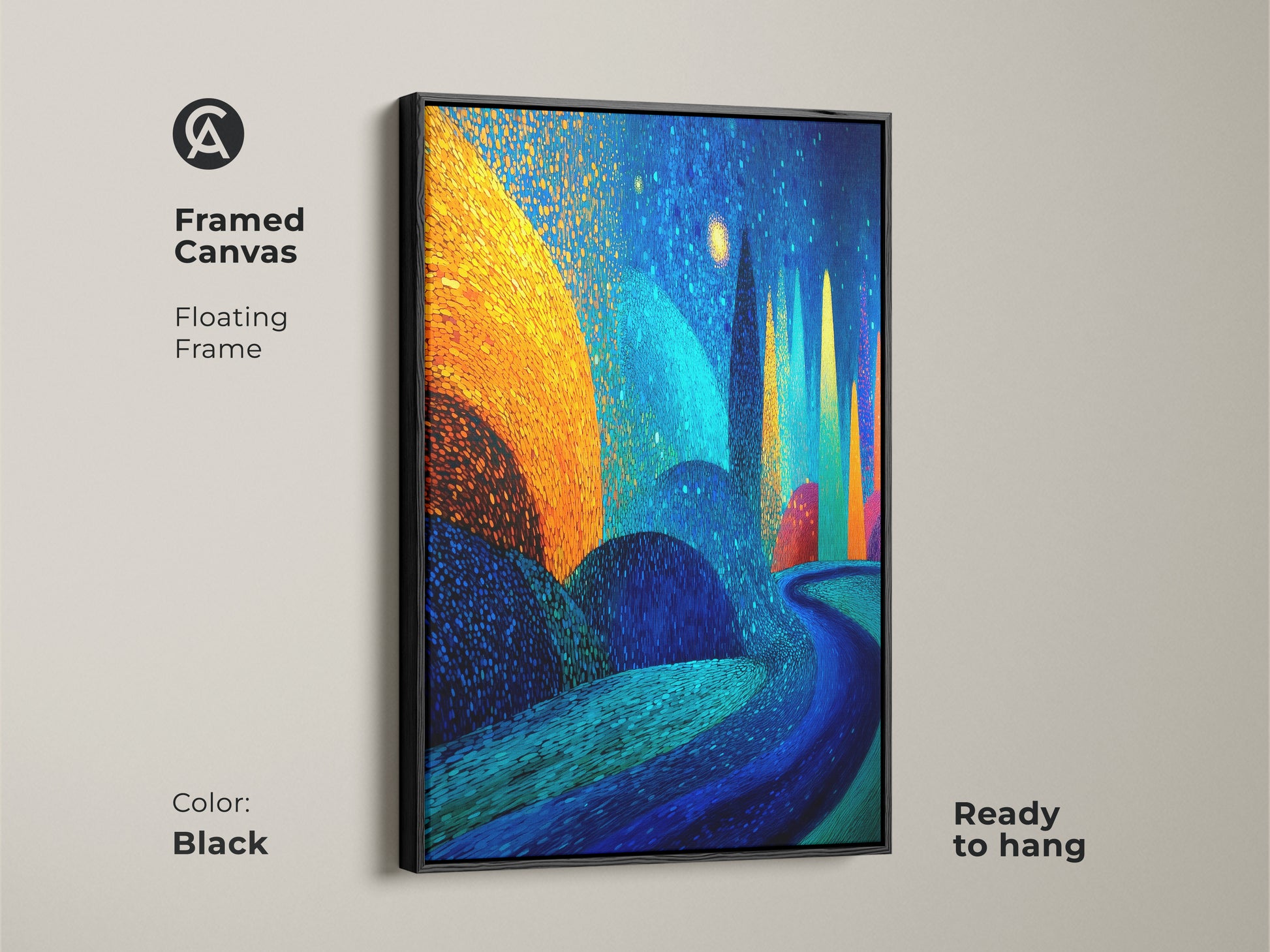 Black framed canvas featuring vibrant abstract landscape. A floating frame enhances the gold and blue wall decor. This nature path wall hanging is ready to hang and adds a unique art for home office.