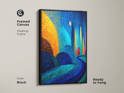 Black framed canvas featuring vibrant abstract landscape. A floating frame enhances the gold and blue wall decor. This nature path wall hanging is ready to hang and adds a unique art for home office.