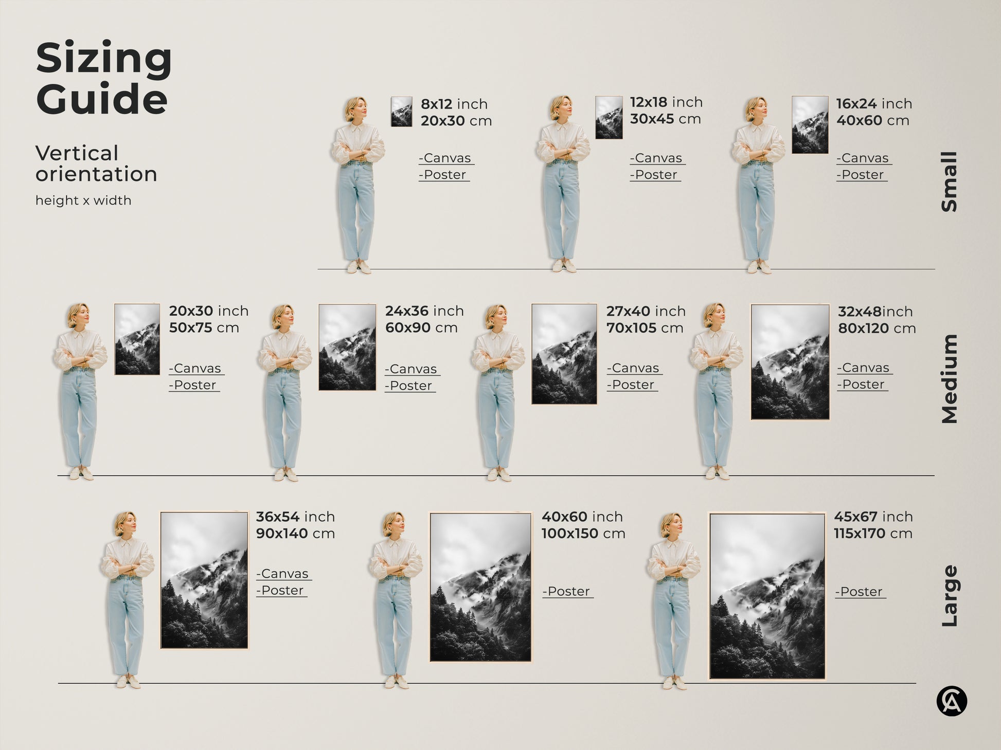 Sizing guide showcasing vertical orientation of canvas and poster prints. Foggy mountain forest artwork available in multiple sizes. Find the perfect fit for your wall decor needs.