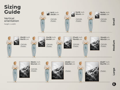 Sizing guide showcasing vertical orientation of canvas and poster prints. Foggy mountain forest artwork available in multiple sizes. Find the perfect fit for your wall decor needs.