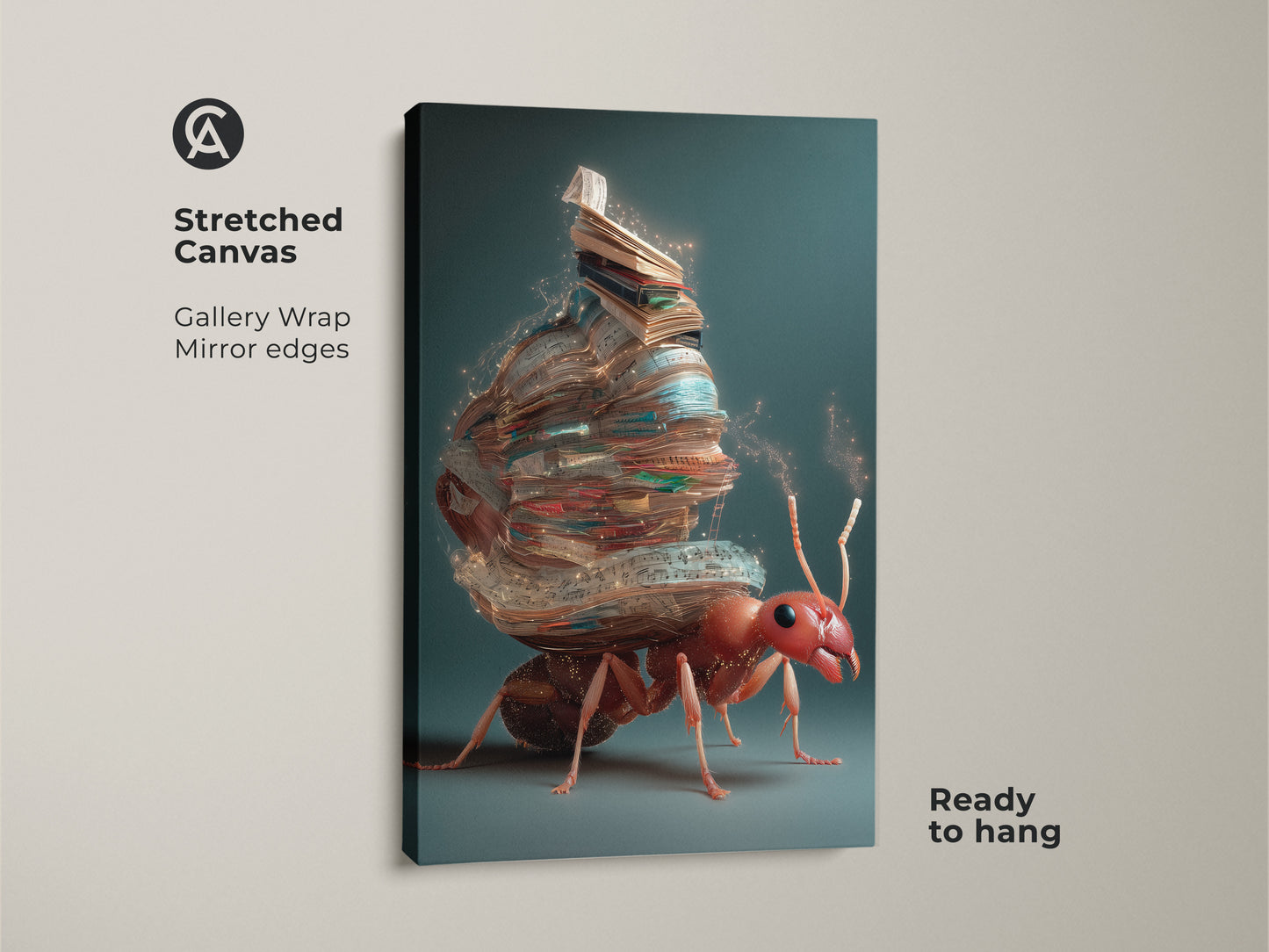 A stretched canvas gallery wrap shows the fantasy ant artwork. The surrealism print pictures an ant carrying a stack of books. The red and teal colors enhance the eclectic wall decor. The unique book lover gift is ready to hang with mirror edges.