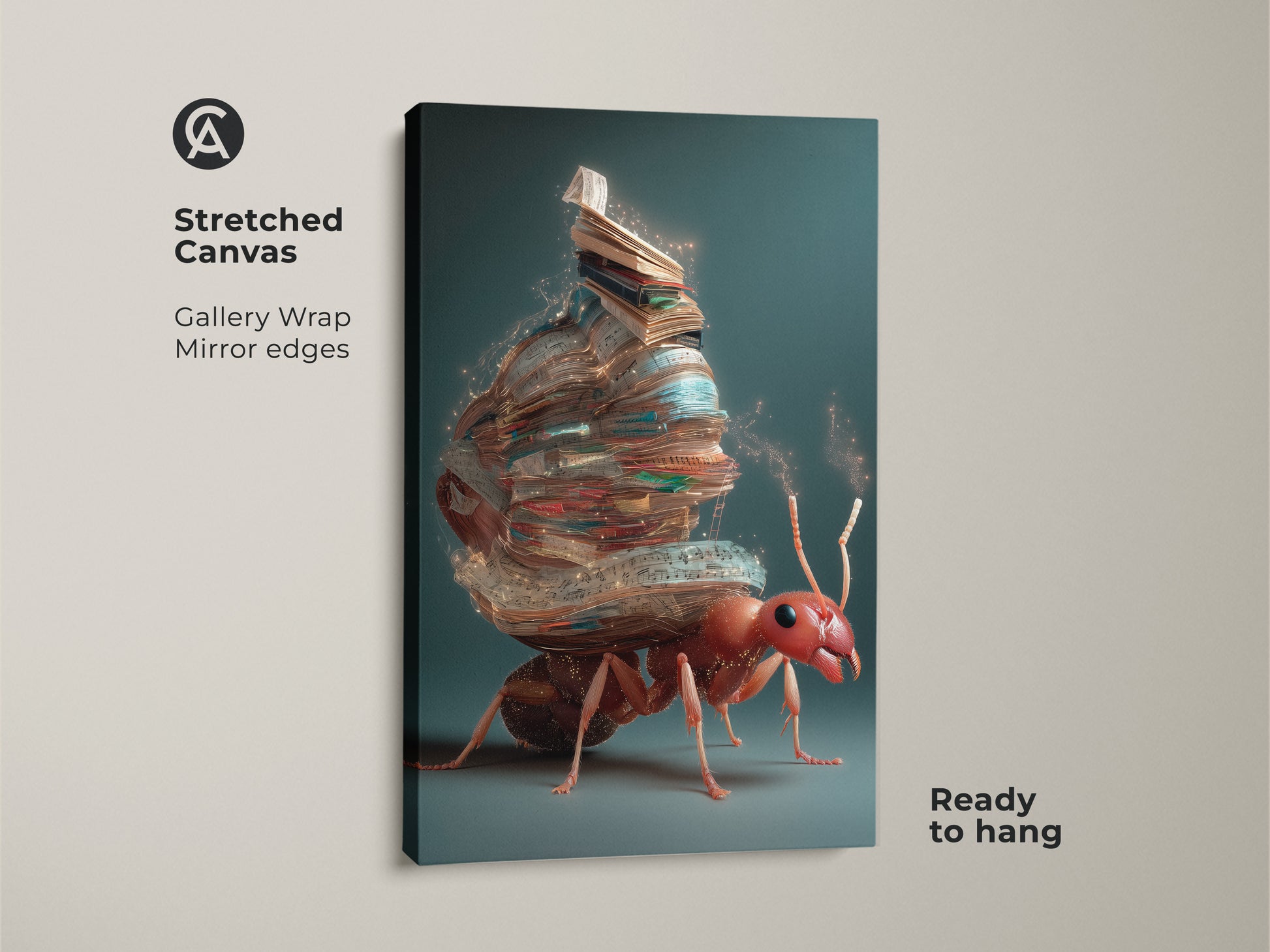A stretched canvas gallery wrap shows the fantasy ant artwork. The surrealism print pictures an ant carrying a stack of books. The red and teal colors enhance the eclectic wall decor. The unique book lover gift is ready to hang with mirror edges.