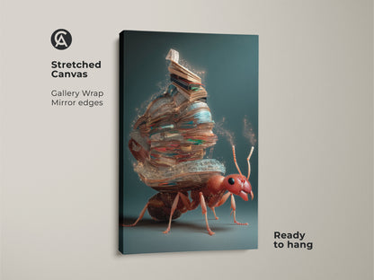 A stretched canvas gallery wrap shows the fantasy ant artwork. The surrealism print pictures an ant carrying a stack of books. The red and teal colors enhance the eclectic wall decor. The unique book lover gift is ready to hang with mirror edges.
