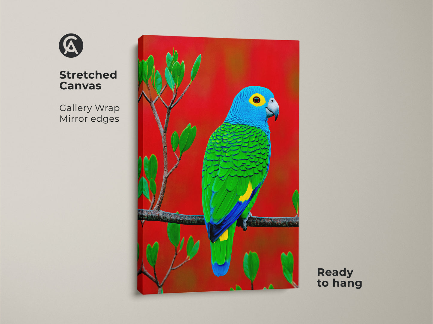 A vibrant blue green parrot is showcased in this stretched canvas wall art. Gallery wrapped with mirror edges the tropical bird nature decor is ready to hang adding a splash of color and nature's beauty to any room.