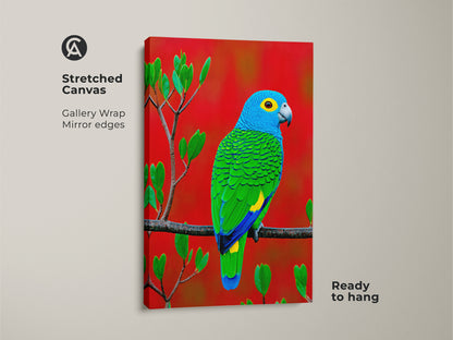 A vibrant blue green parrot is showcased in this stretched canvas wall art. Gallery wrapped with mirror edges the tropical bird nature decor is ready to hang adding a splash of color and nature's beauty to any room.