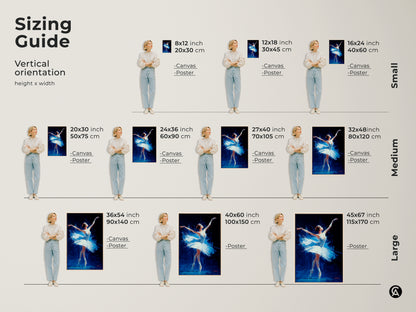 Sizing guide for ballerina art prints. Vertical orientation with height and width. Available in small medium and large sizes. Choose from canvas or poster prints. Find the perfect fit for your wall. Transform your space
