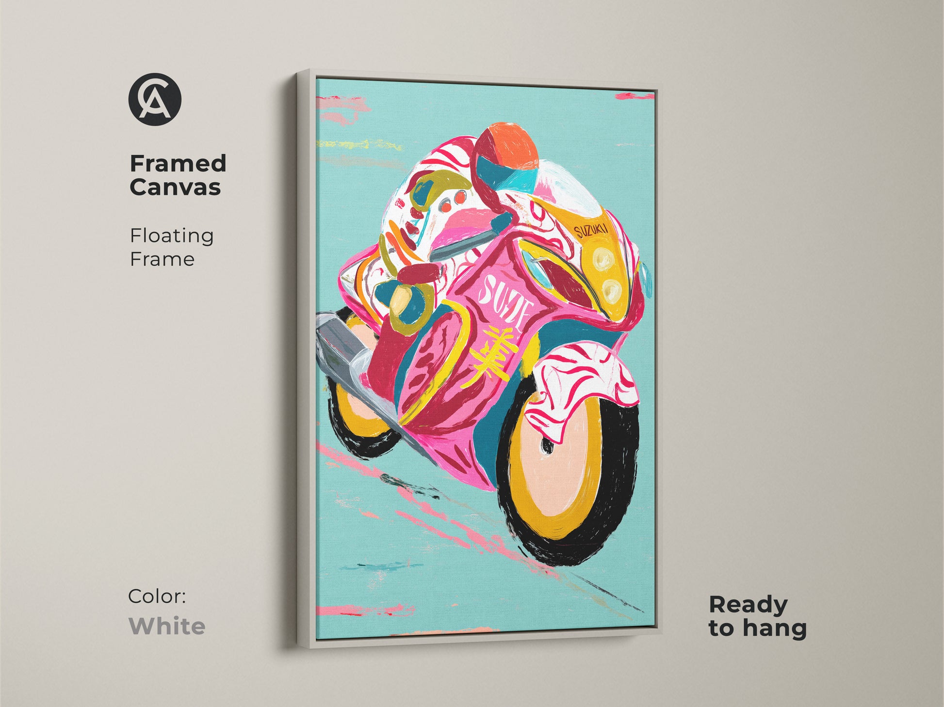 Framed canvas presenting speed racer artwork with a white floating frame. The pink yellow teal abstract motorcycle adds a pop of color and an ideal gift for any sports fan or car enthusiast.