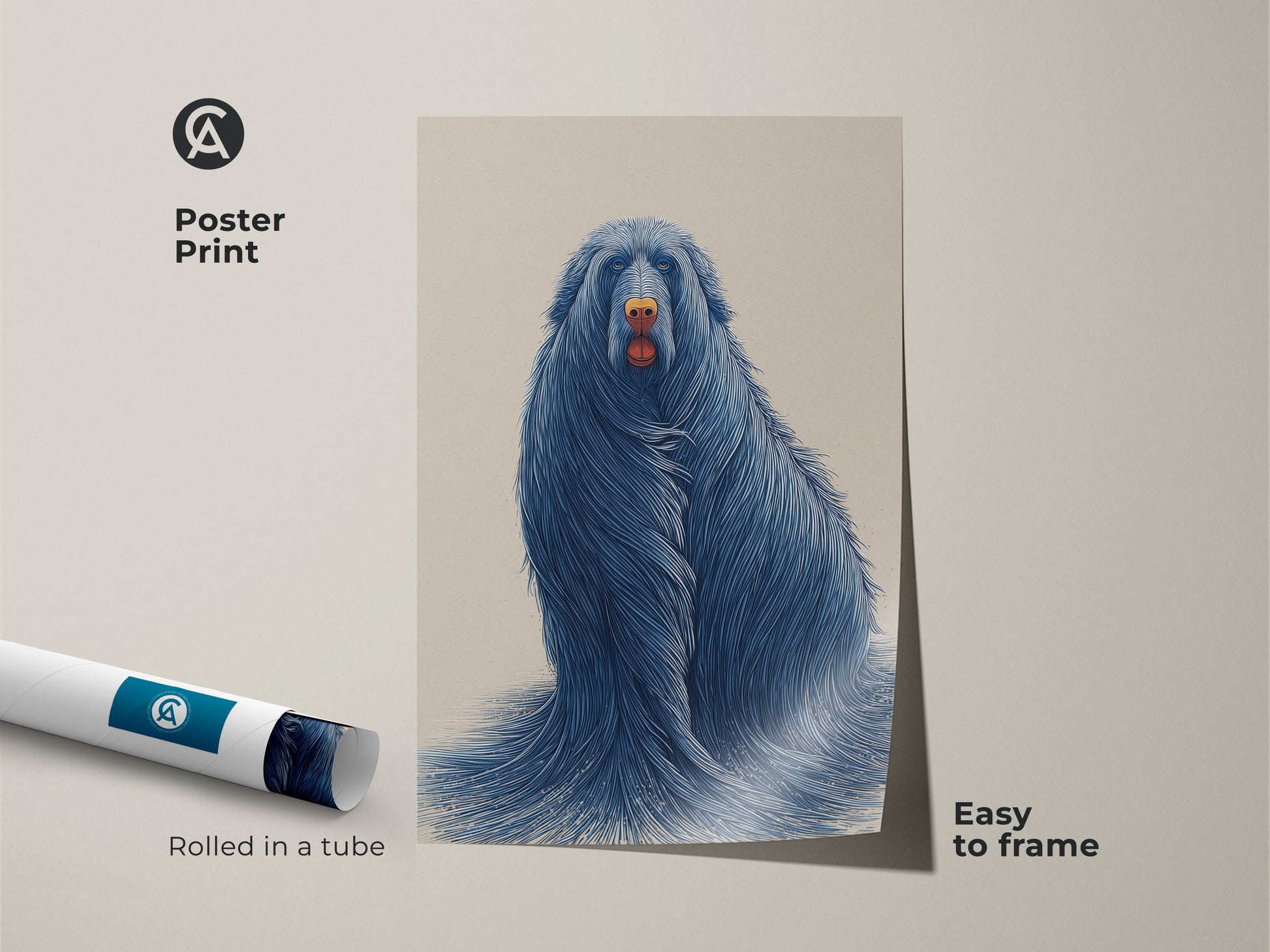 Poster print displays a surreal blue dog. This illustrative animal art is easy to frame. A quirky animal wall hanging that brings fantasy to any room. Great gift for dog lovers.
