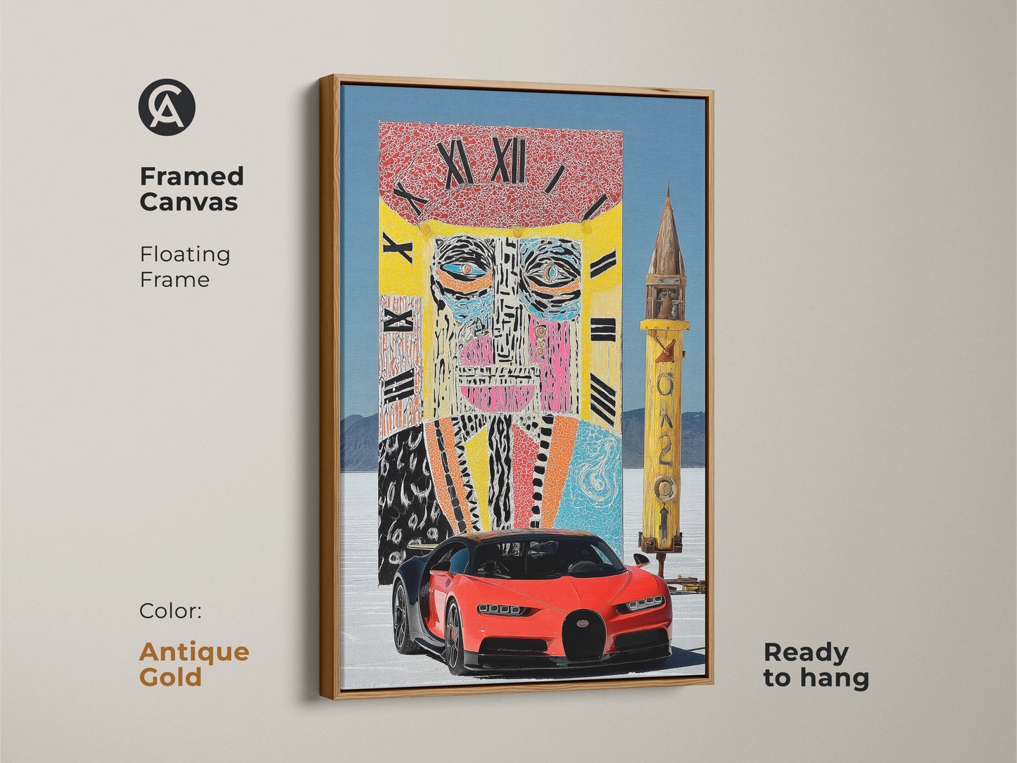 This framed canvas features a blend of abstract face clock and surreal automotive art. The antique gold frame adds elegance and charm. The artwork is ready to hang for easy display. Perfect for eclectic office or home decor. Its vibrant colors and unique style make it a standout piece.