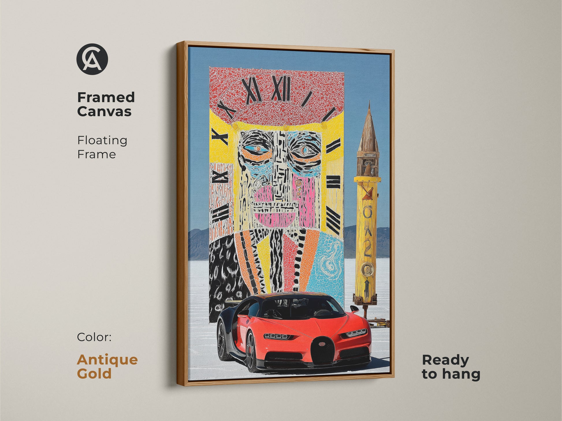 This framed canvas features a blend of abstract face clock and surreal automotive art. The antique gold frame adds elegance and charm. The artwork is ready to hang for easy display. Perfect for eclectic office or home decor. Its vibrant colors and unique style make it a standout piece.