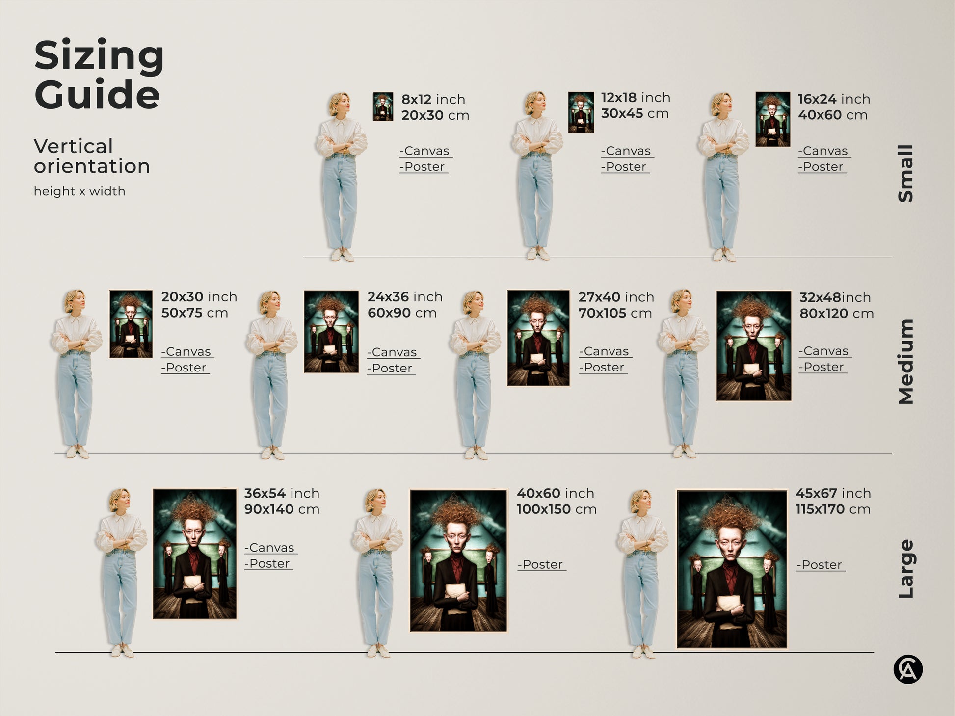 Sizing guide for vertical artwork orientation. See various sizes from small to large. The surrealist portrait canvas and poster options are shown. Visualize the ideal fit for your unique portrait canvas today.