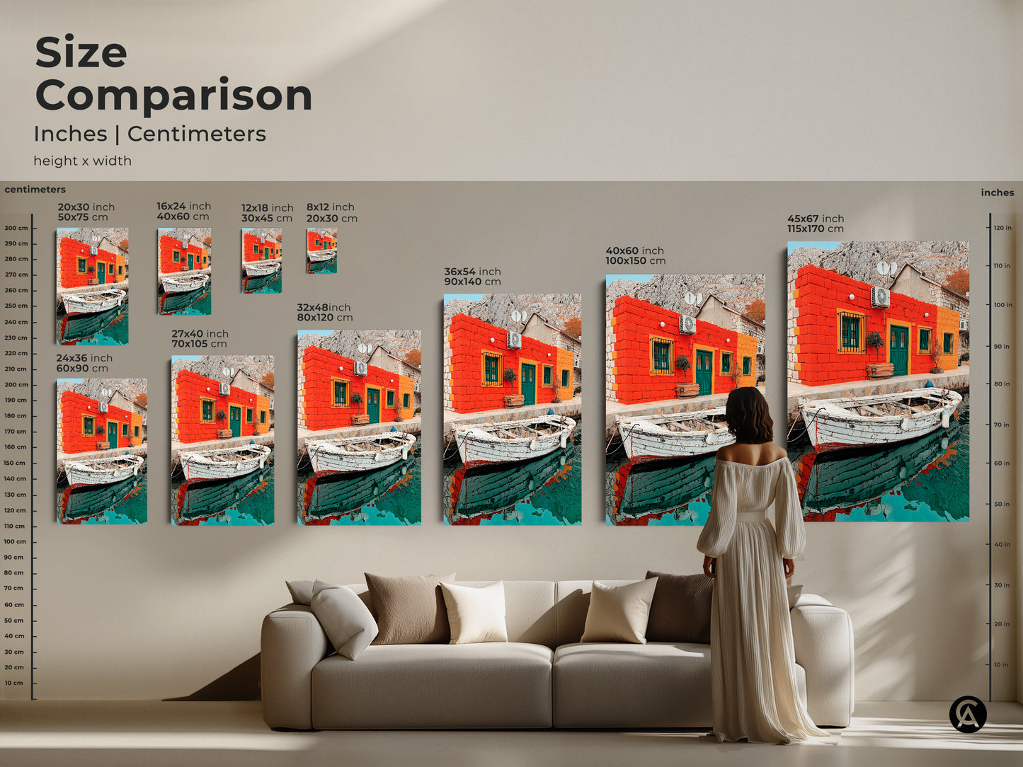 This size comparison demonstrates Mediterranean art print dimensions. The orange teal house and boat artwork looks great at any size. Choose the perfect scale for your coastal wall decor and housewarming gift.