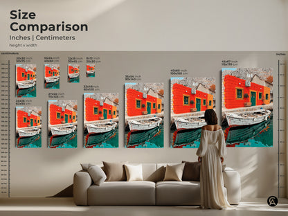This size comparison demonstrates Mediterranean art print dimensions. The orange teal house and boat artwork looks great at any size. Choose the perfect scale for your coastal wall decor and housewarming gift.