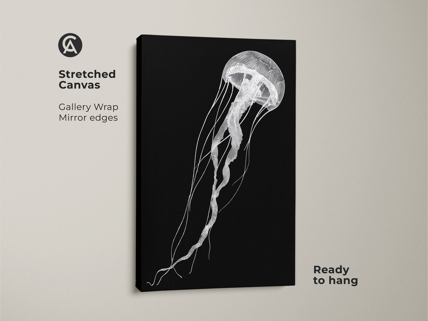 A stretched canvas showcases minimalist jellyfish artwork. The black and white line art is a contemporary sea life decor piece ready to hang. Gallery wrapped with mirror edges for a clean look.
