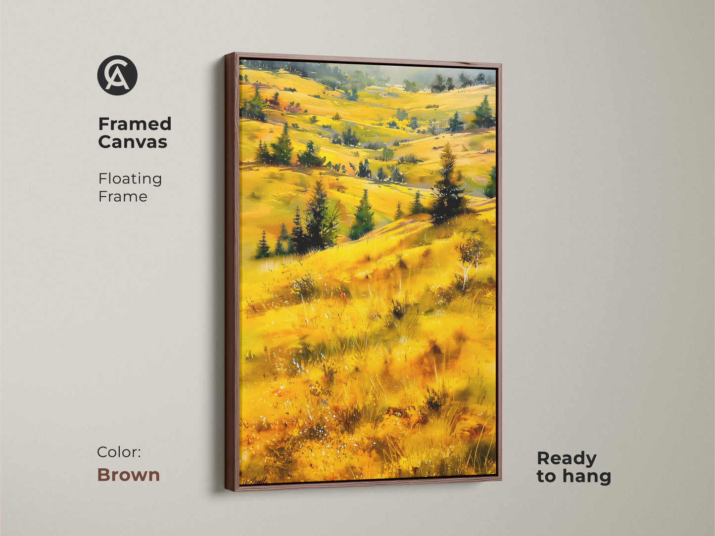 Framed canvas print with an impressionistic landscape. Golden hills and green trees create a scenic view. The brown floating frame complements the nature scenery artwork. Ready to hang for easy farmhouse home decor. Ideal for a housewarming gift.