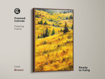 Framed canvas print with an impressionistic landscape. Golden hills and green trees create a scenic view. The brown floating frame complements the nature scenery artwork. Ready to hang for easy farmhouse home decor. Ideal for a housewarming gift.