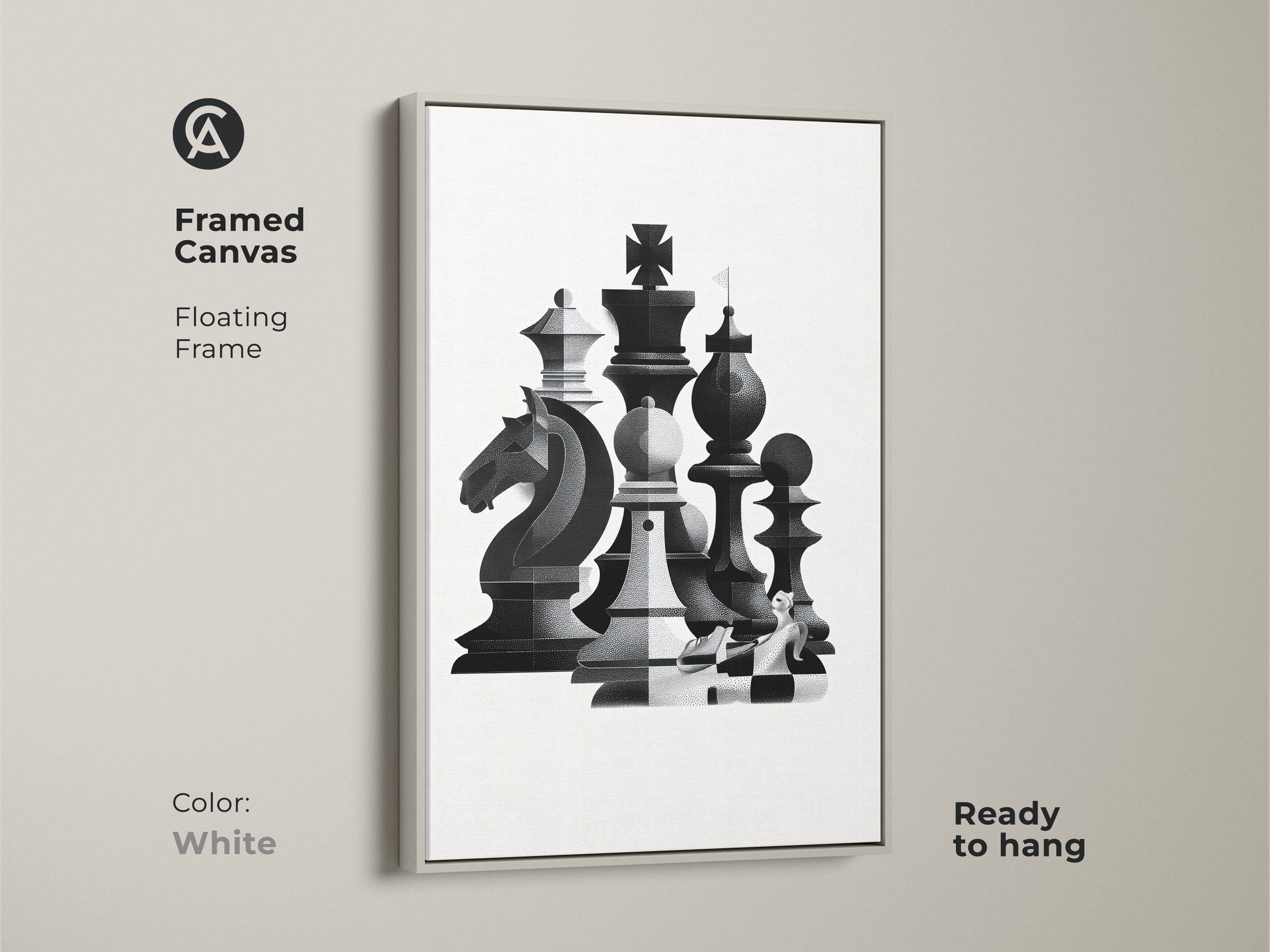 Elevate your home with this framed canvas showcasing abstract chess art. The floating frame is an eye-catching addition. This monochrome wall art is ready to hang. The geometric knight print complements any modern office decor in white.