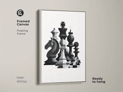 Elevate your home with this framed canvas showcasing abstract chess art. The floating frame is an eye-catching addition. This monochrome wall art is ready to hang. The geometric knight print complements any modern office decor in white.