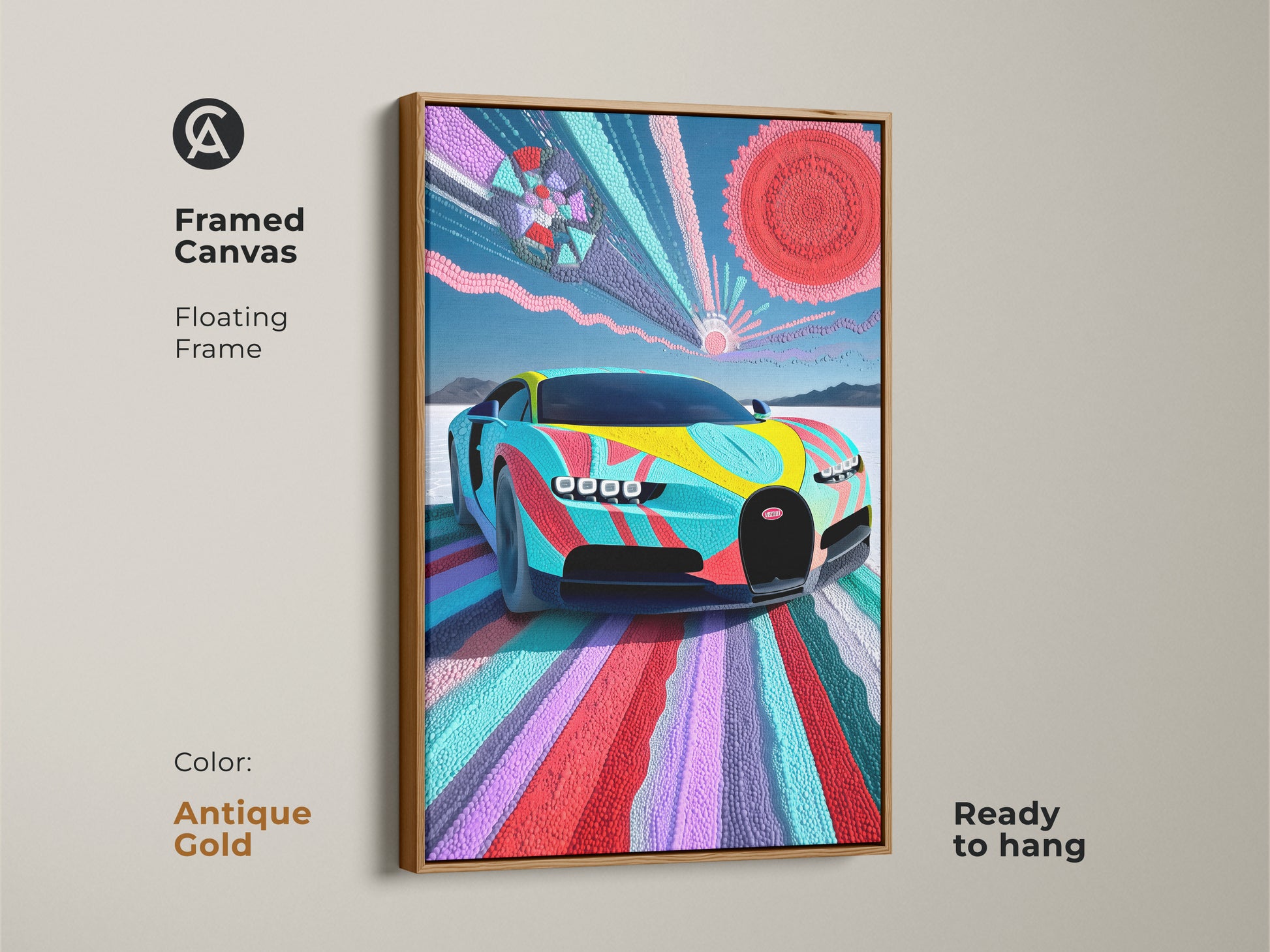 Framed canvas of an abstract Bugatti Vision art print with an antique gold floating frame. The art is ready to hang. The colorful artwork enhances any room with its eclectic style. A perfect high quality piece for car enthusiasts and modern art collectors.