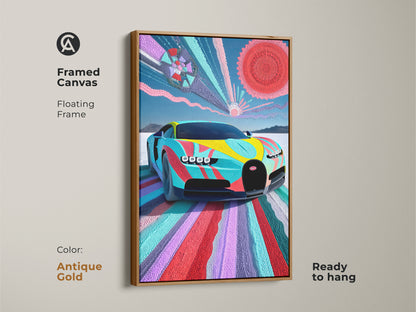 Framed canvas of an abstract Bugatti Vision art print with an antique gold floating frame. The art is ready to hang. The colorful artwork enhances any room with its eclectic style. A perfect high quality piece for car enthusiasts and modern art collectors.
