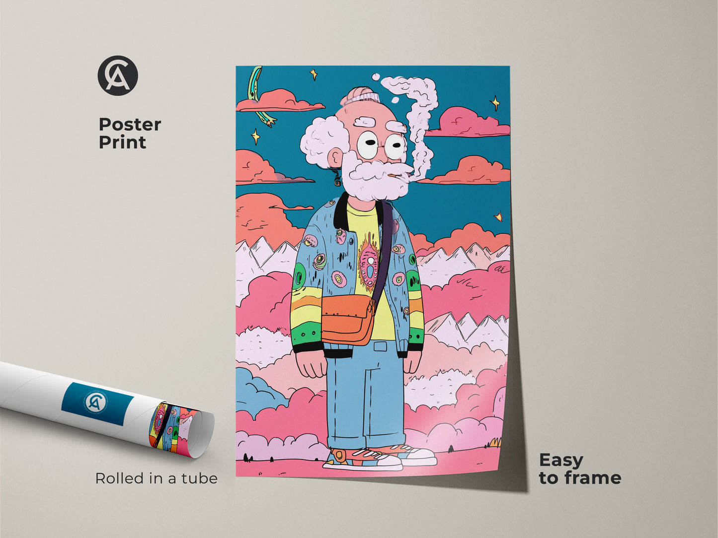 A poster print featuring a cartoon character smoking. The artwork is easy to frame. It adds a pop of color and personality to any space. Rolled in a tube for protection this art is a fun quirky statement piece for your walls.