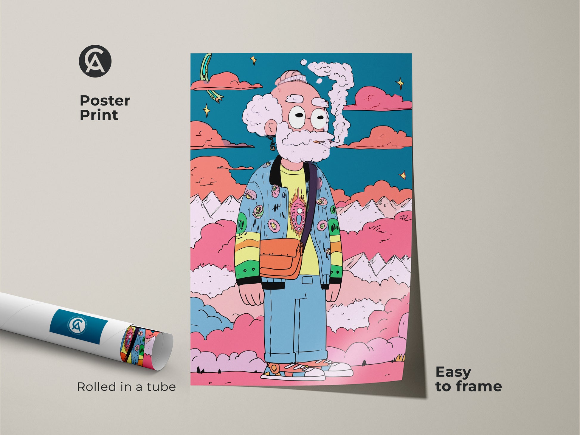 A poster print featuring a cartoon character smoking. The artwork is easy to frame. It adds a pop of color and personality to any space. Rolled in a tube for protection this art is a fun quirky statement piece for your walls.